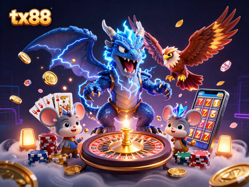 Experience excitement with tx88's vibrant 3D dragon and hawk in an animated casino scene.