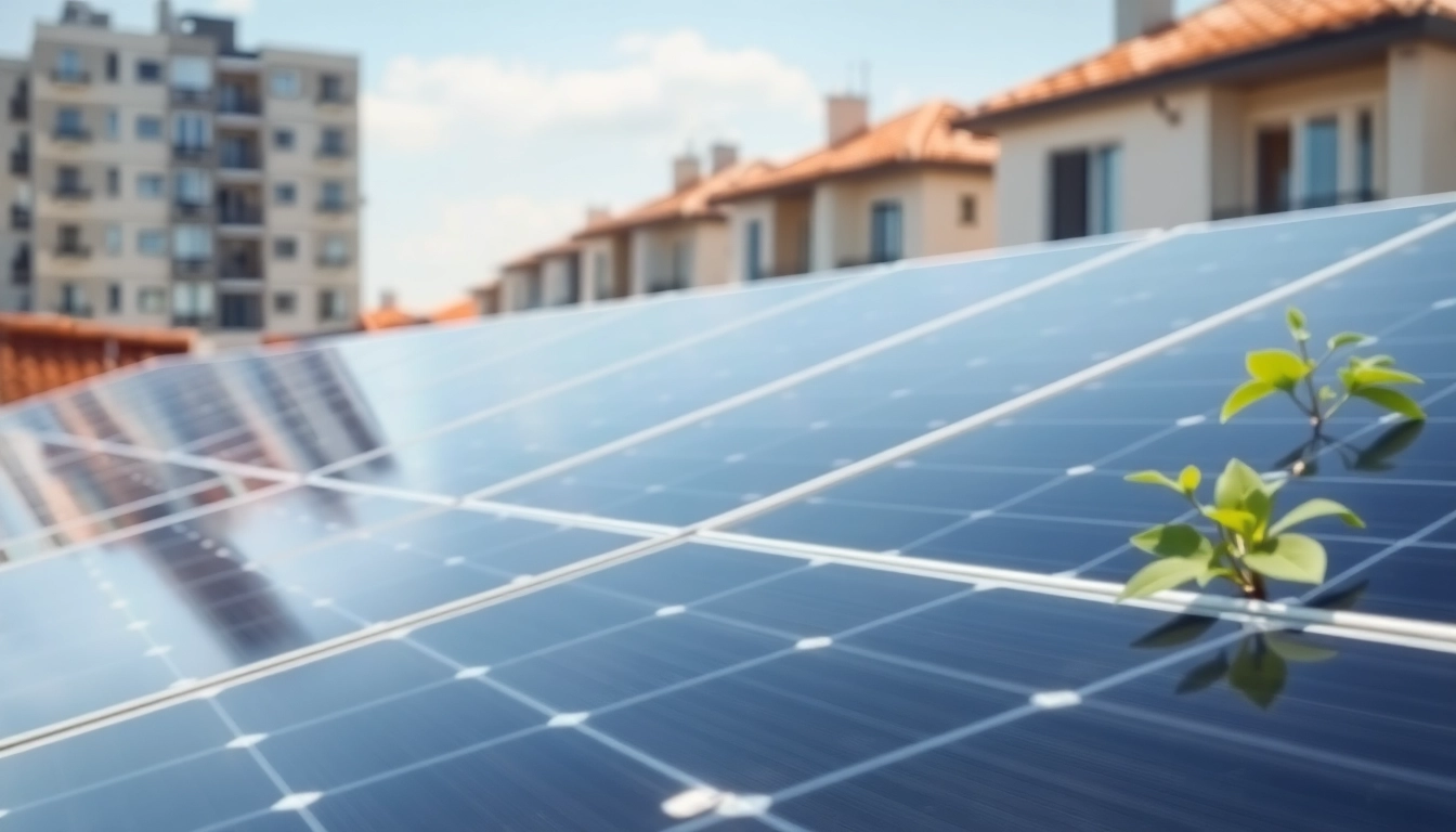 Installation von Pv anlagen wien auf städtischen Dächern mit Solarzellen und frischen Pflanzen.