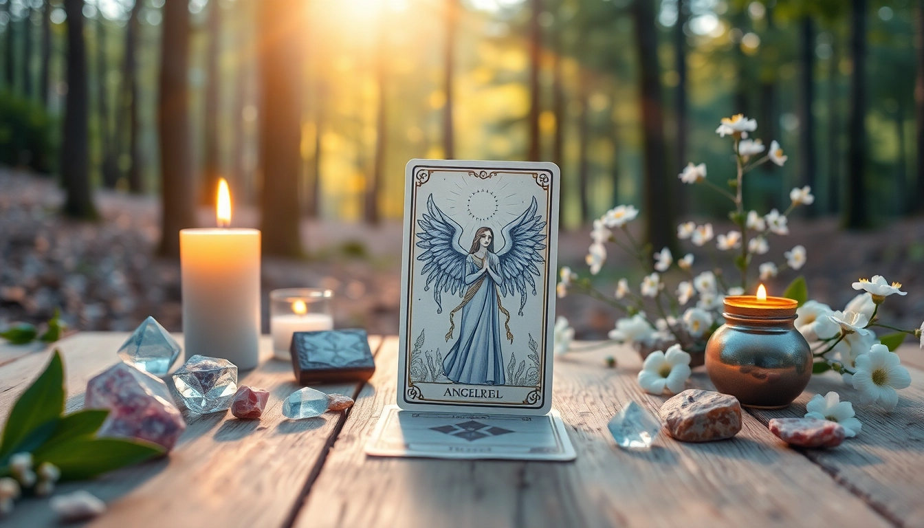 Engel Tarot Karte kostenlos ziehen in entspannendem Waldset mit Symbolen und Kristallen