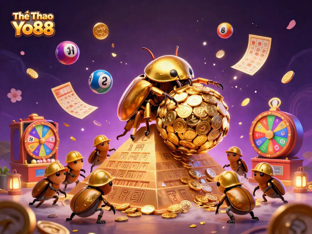 Engaging Thể Thao Yo88 scene showcasing a gold beetle amidst coins and dynamic casino symbols.