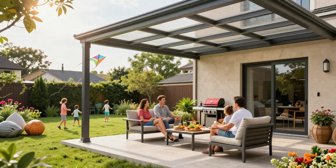 Terrassenüberdachung in einem modernen Garten mit entspannter Familie und Sommeraktivitäten.
