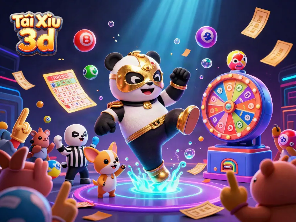 Engaging scene of Tài Xỉu 3d featuring a panda wrestler and cheering animal spectators, capturing the excitement of gambling.