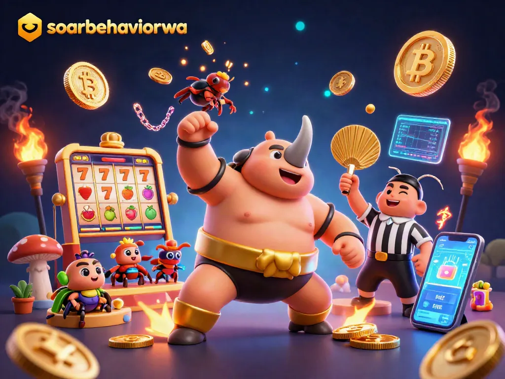 Engaging scene of soarbehaviorwa's rhinoceros beetle champion winning coins while showcasing vibrant casino elements