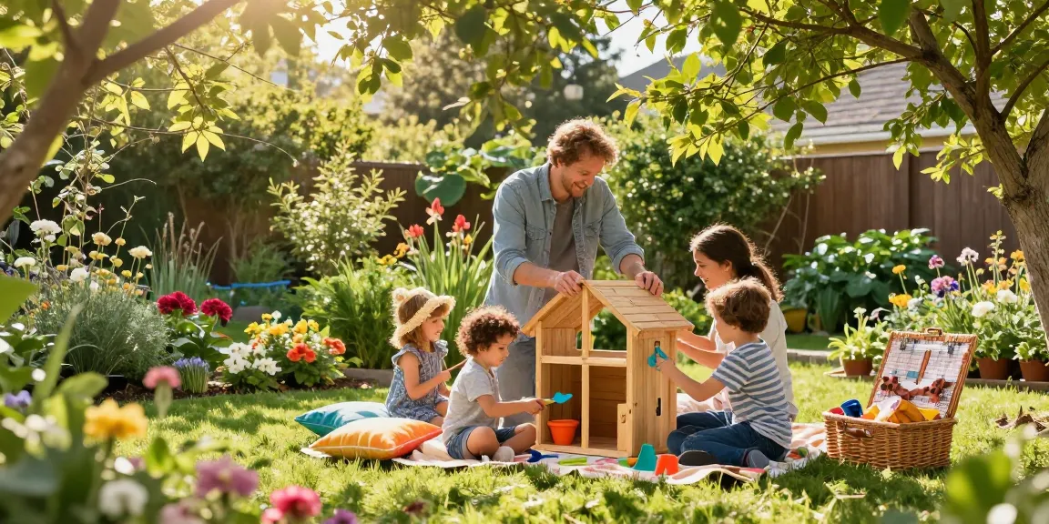 Familie beim Zusammenbauen eines Gartenhauses im Garten, umgeben von bunten Blumen und einer einladenden Atmosphäre.
