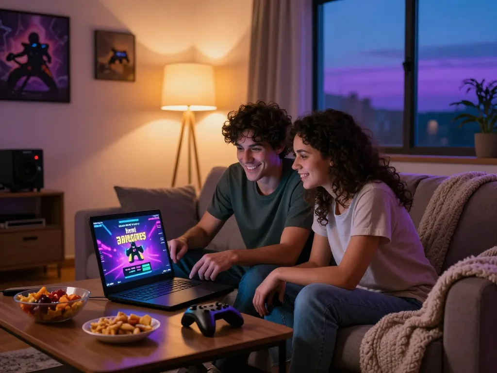 Couple enjoying html sex games in a cozy living room.