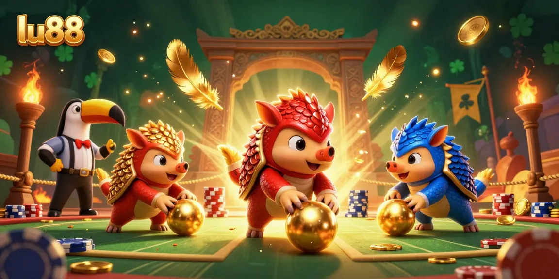 lu88 rivals rolling golden balls while betting on poker chips in a vibrant casino scene