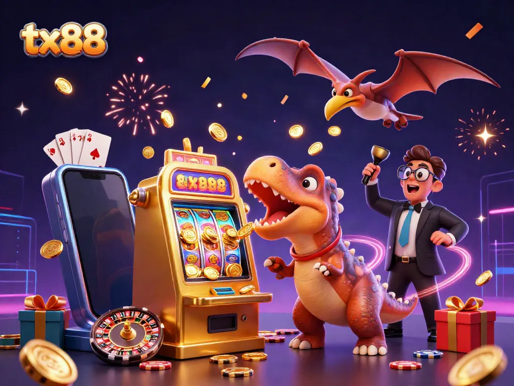 Engaging scene of tx88 where a cartoon dinosaur wins big at a slot machine amid flying coins and casino excitement.
