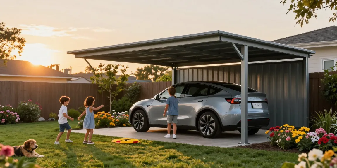 Carport schützt modernes Elektroauto in harmonischem Gartenumfeld.