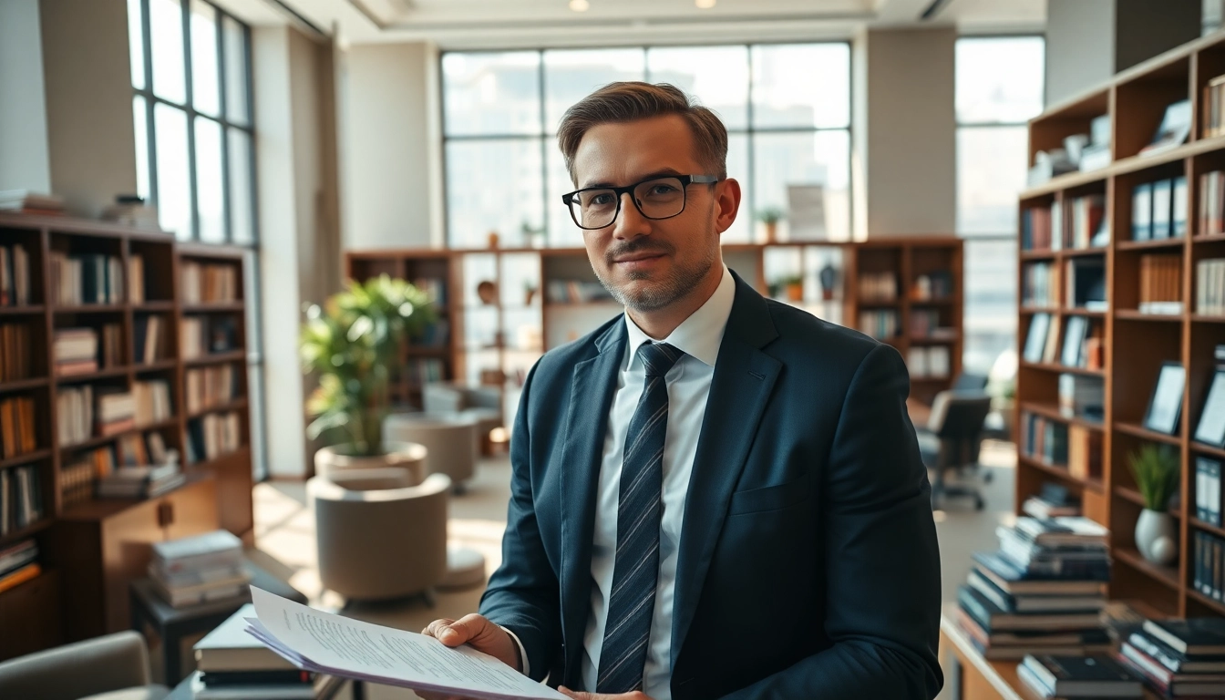 Das Bild zeigt einen Headhunter Schweiz, der in einem eleganten Büro arbeitet, umgeben von Dokumenten und Büchern.
