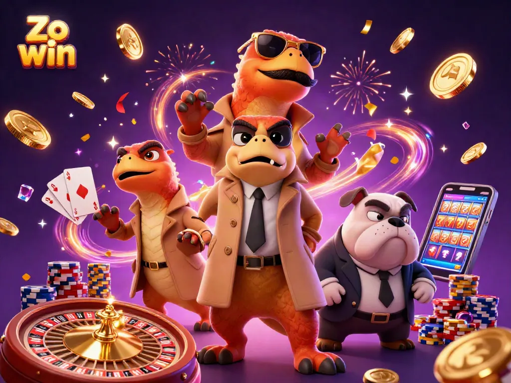Experience excitement with Zo win in a vibrant casino scene featuring playful raptors and dynamic game elements.