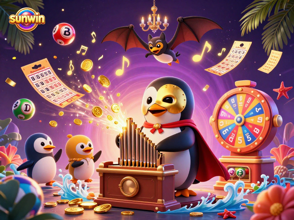 Experience sunwin's thrilling games with animated casino elements, gold coins, and vibrant lottery balls.