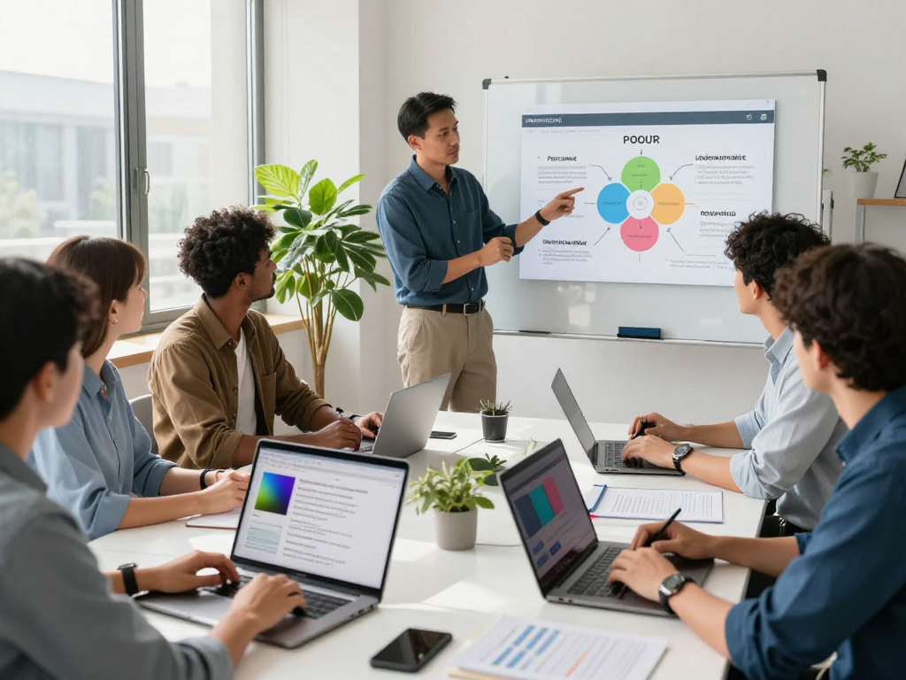 Barrierefreie und rechtssichere Webseiten Dienstleistung in einem modernen Büro, Team diskutiert digitale Strategien für barrierefreies Webdesign.