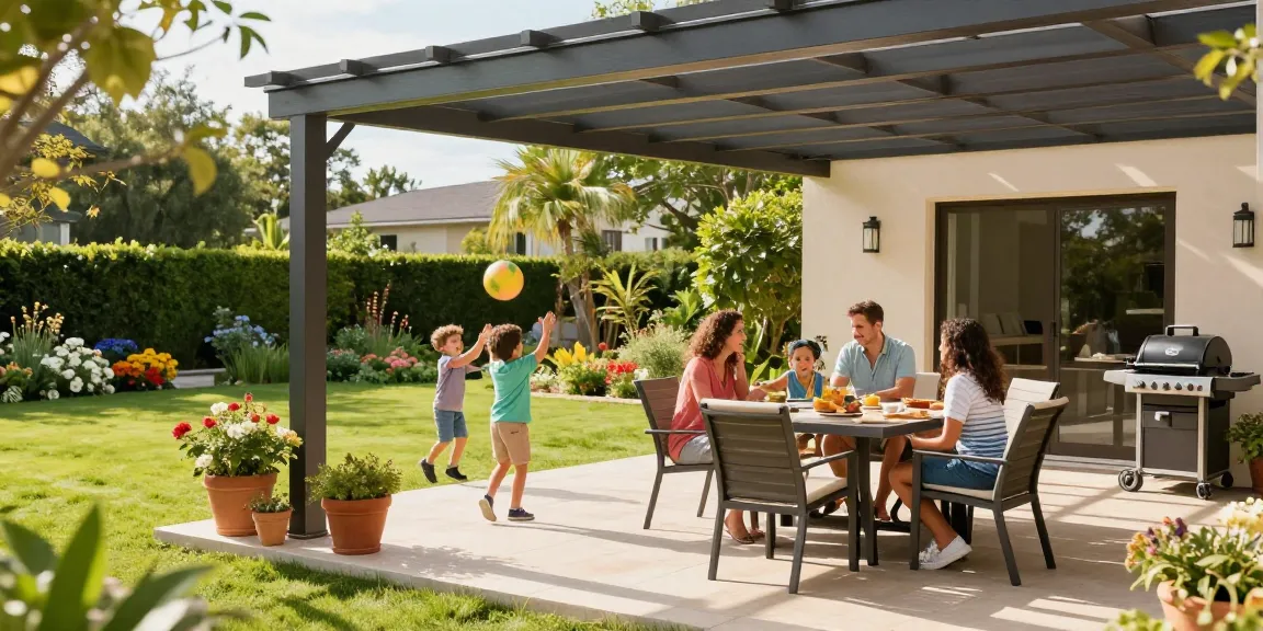 Moderne Terrassenüberdachungen bieten Schutz und Komfort für die Familie im Garten.