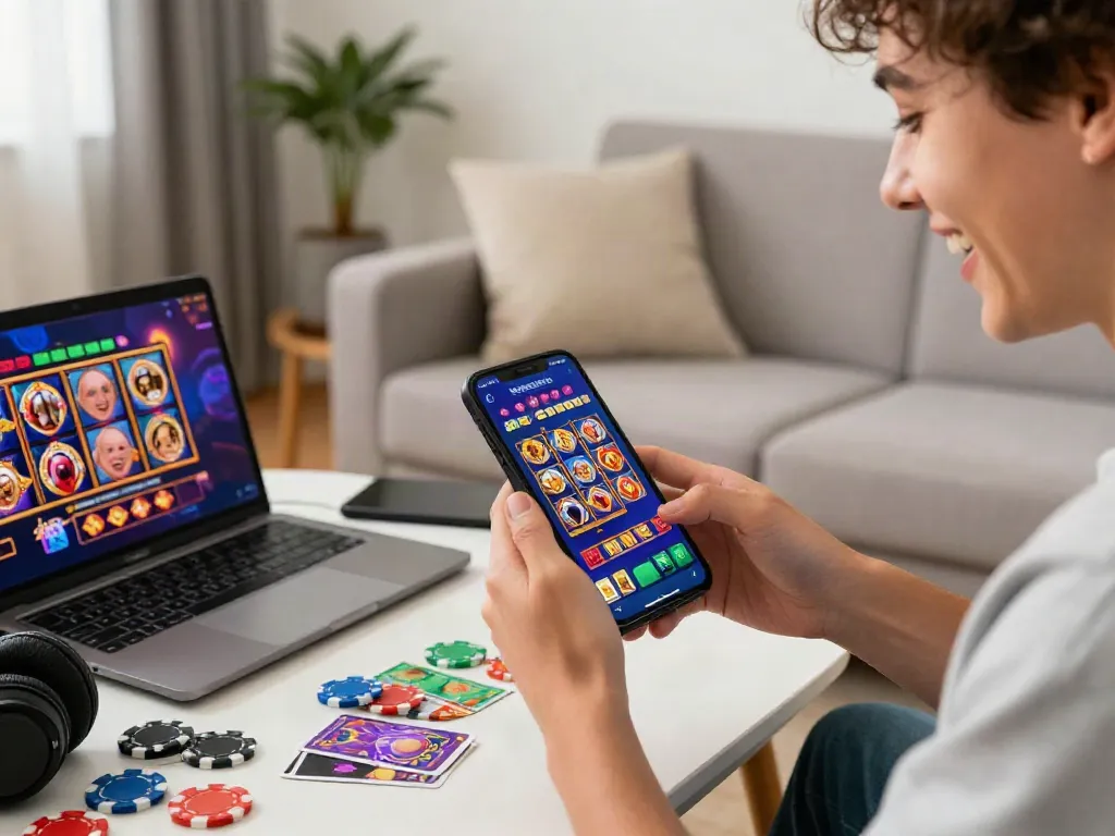 Aufregende Casino-Apps für Österreich auf dem Smartphone in entspannter Wohnumgebung.