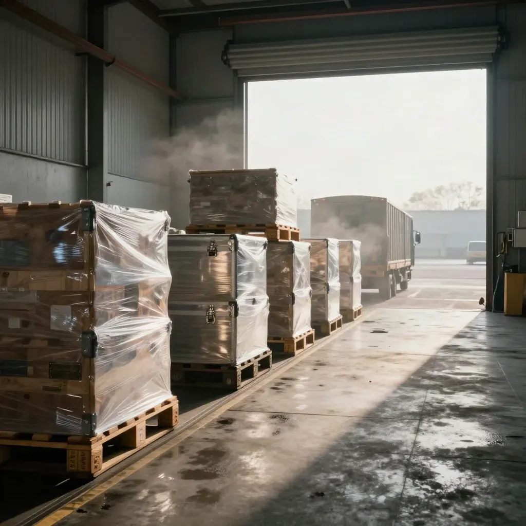 Frachtlagerhalle mit Exportpaletten, Holzkisten und geöffneter Laderampe im Morgenlicht