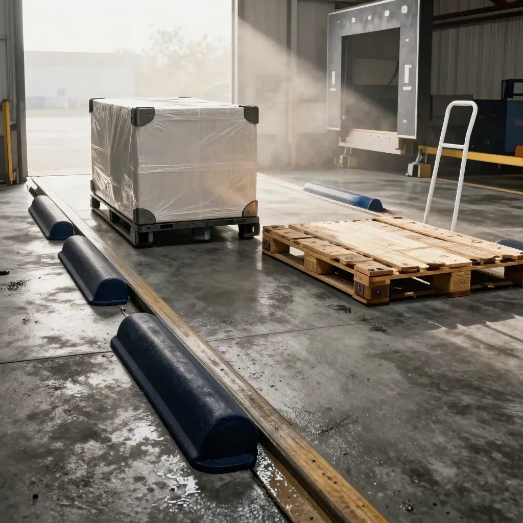 Verladekiste, Dockbumper und Dolly auf nassem Beton im Nebel
