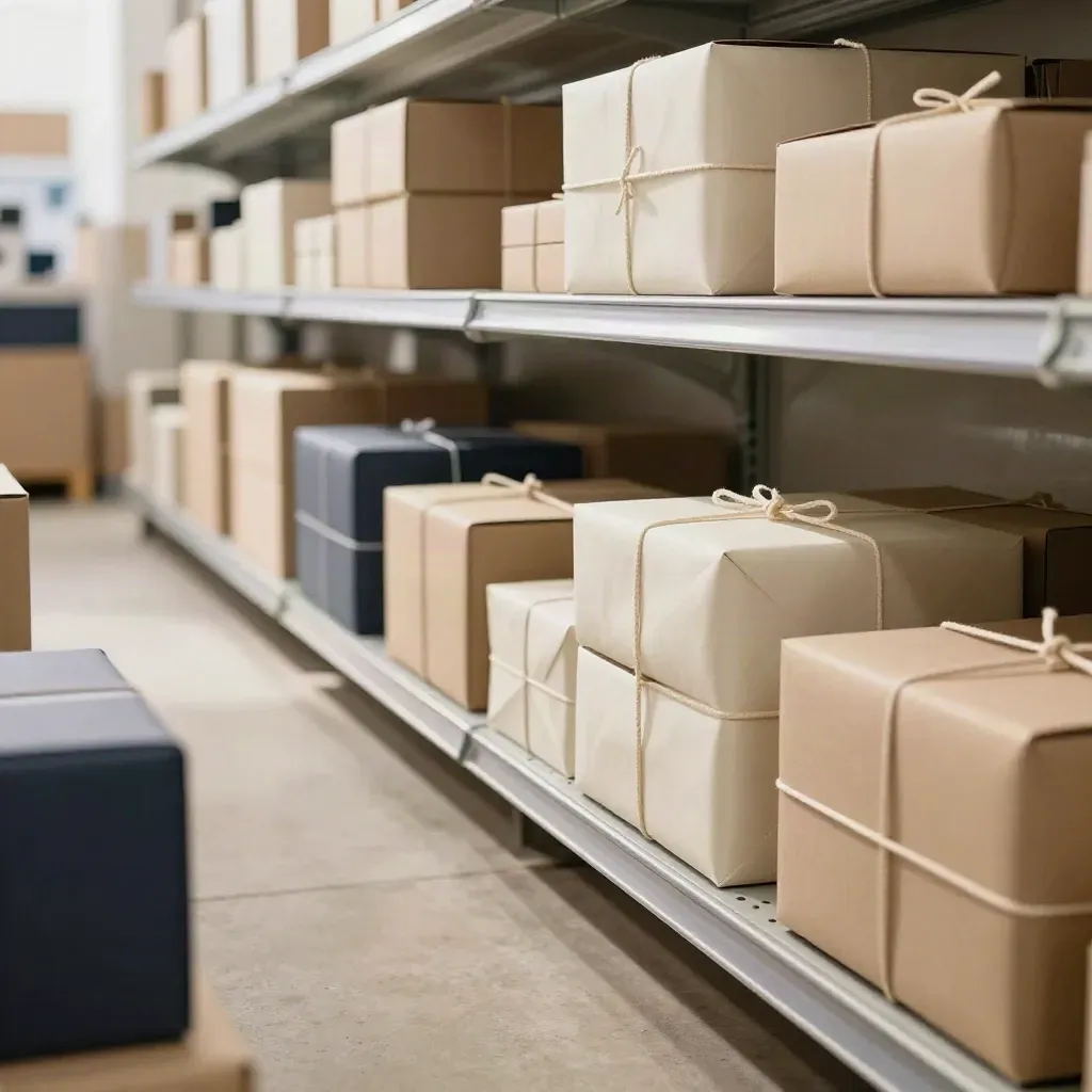 Regal mit Händler-Sets, Kartons und Bestellpaketen in einem Showroom