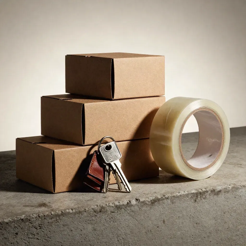 Versand-Kit mit Sample-Boxen, Dockschlüssel, Paketband und Holzblock im dramatischen Licht