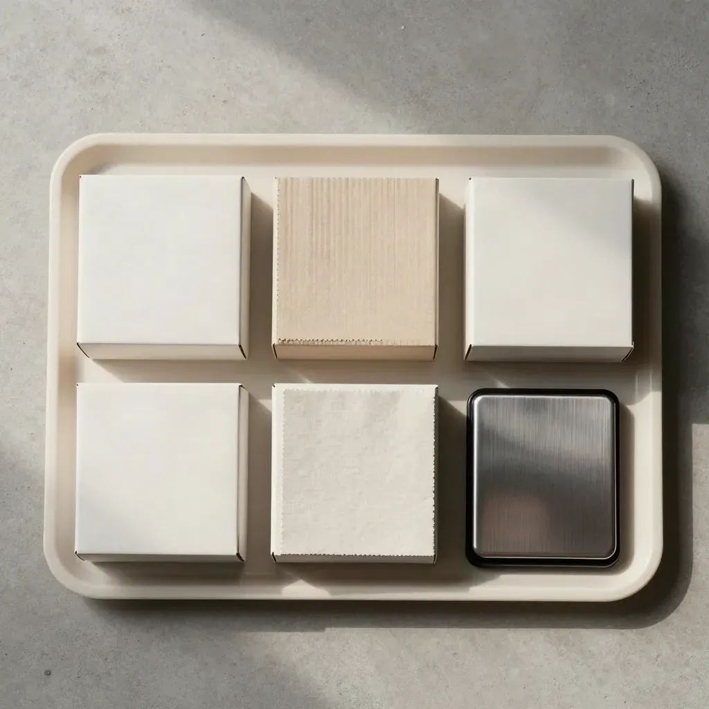 Draufsicht auf drei Musterkartons, zwei Materialproben und eine kleine Versandwaage auf hellem Tray
