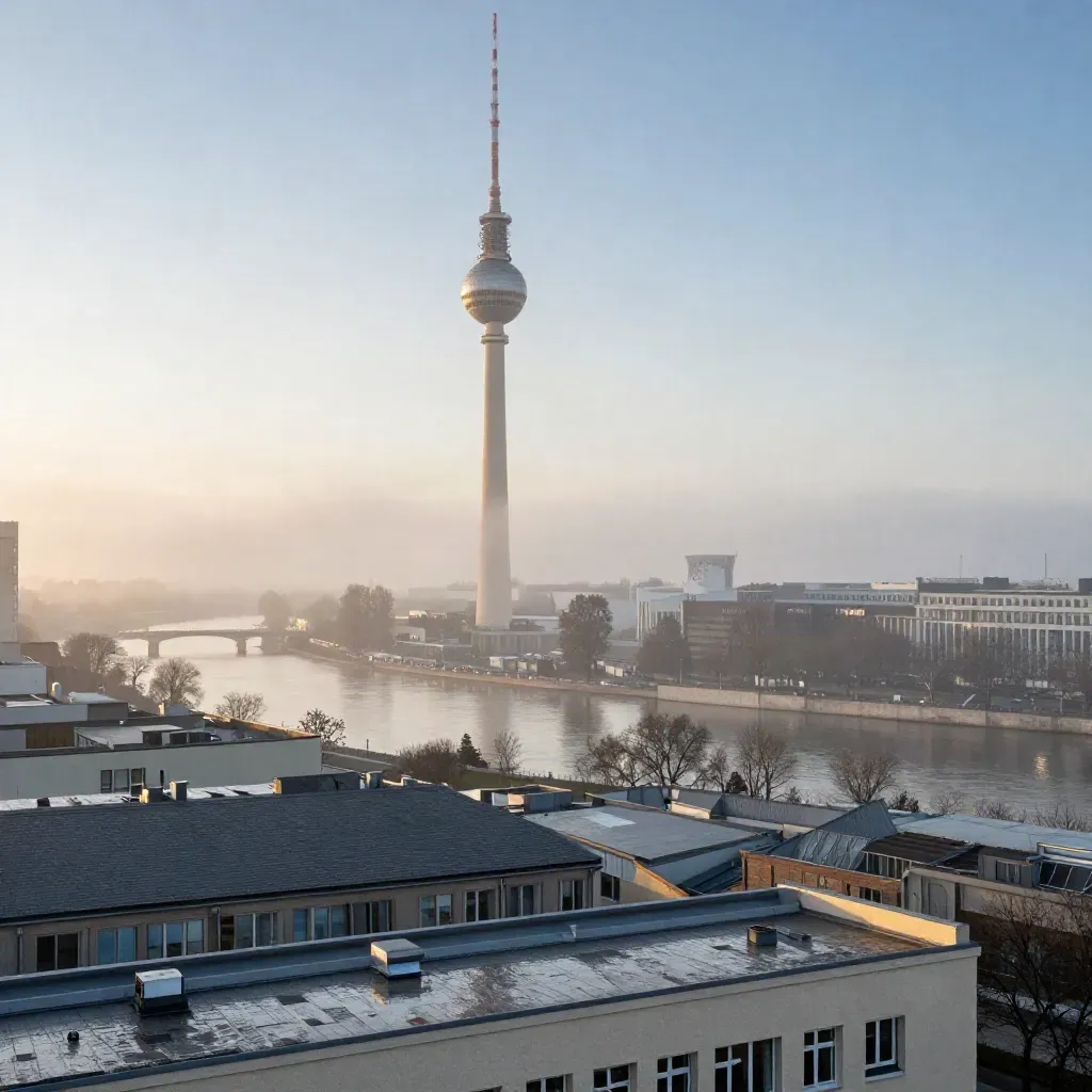 Berliner Fernsehturm über der Spree im Morgennebel, warme Sonne bricht durch die Haze.