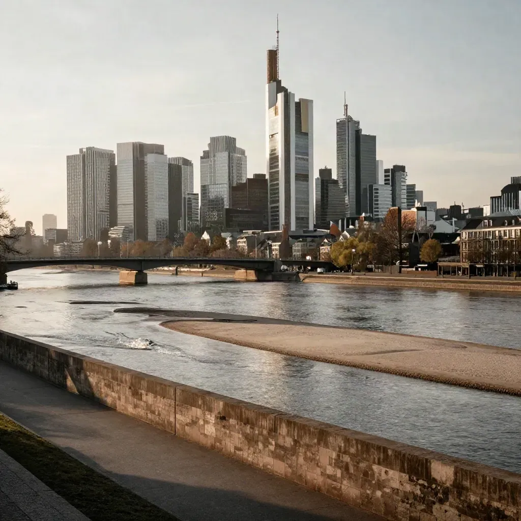 Frankfurter Skyline über dem Main mit Brücken, Fluss und sommerlicher Dunststimmung