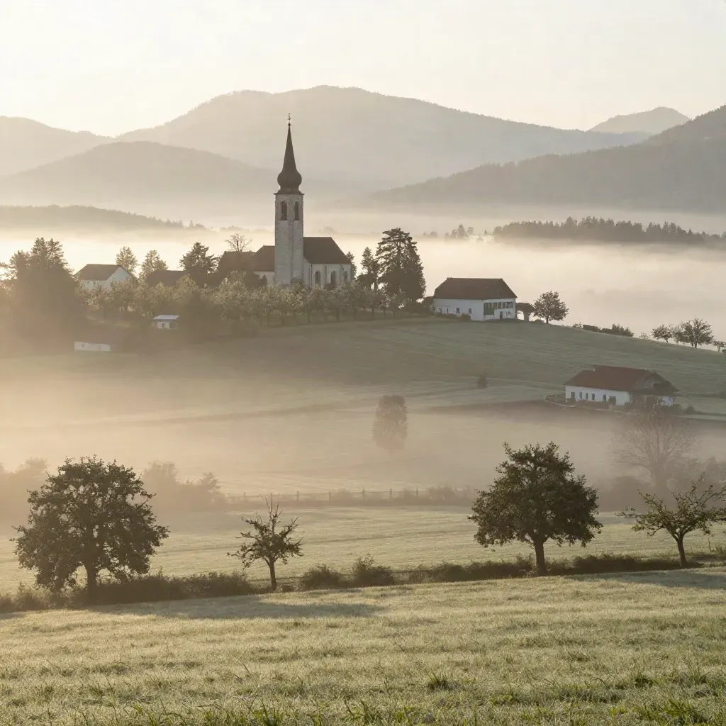 Frühe Morgenlandschaft in Bayern mit Kirchturm, Obstwiesen und Alpenhorizont im Nebel.