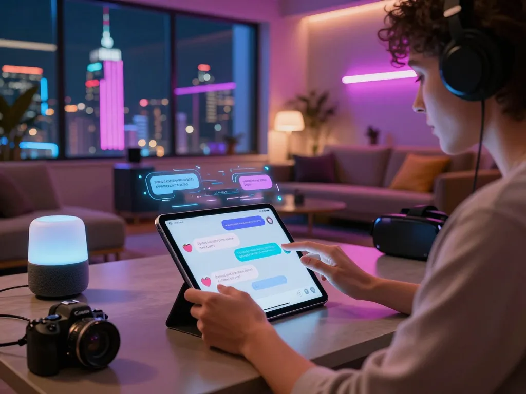 Engaging with a sex AI chat on a tablet in a futuristic lounge, showcasing digital interaction.