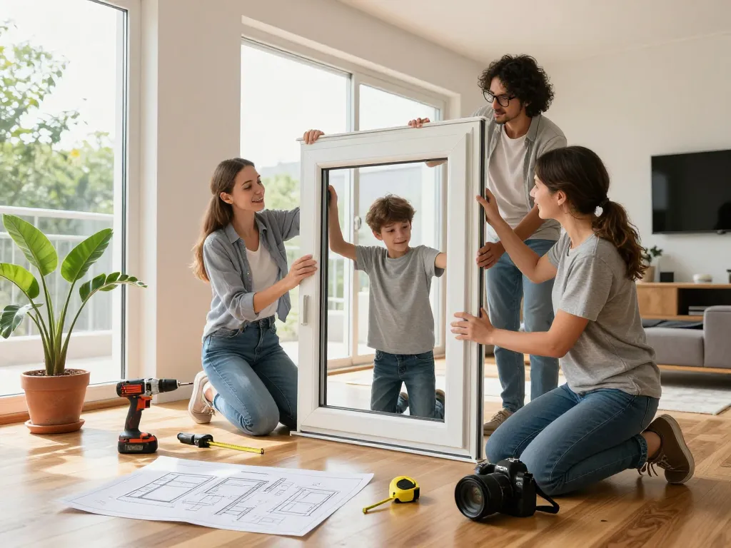 Familie installiert fenster schüco Fenster in einem hellen, modernen Wohnzimmer.