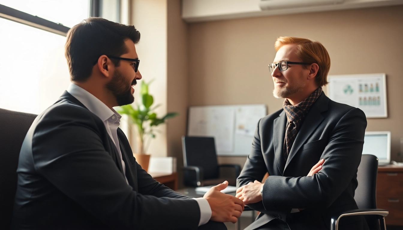 Headhunter IT interacts with a job candidate in a professional office setting.