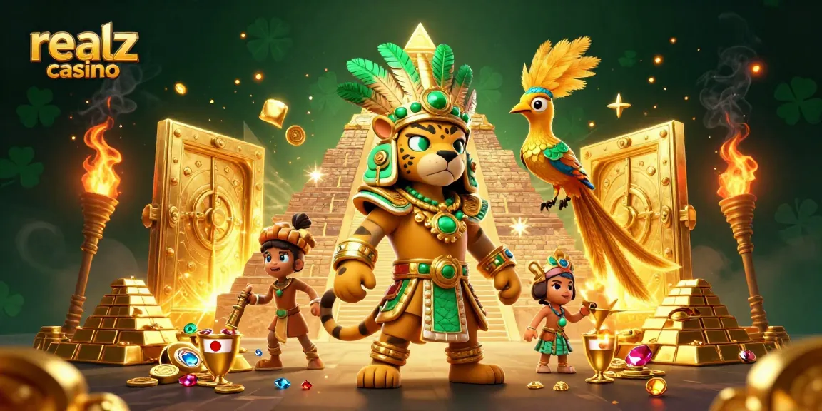 Winning at realz casino with vibrant Mayan-inspired characters and treasure elements.