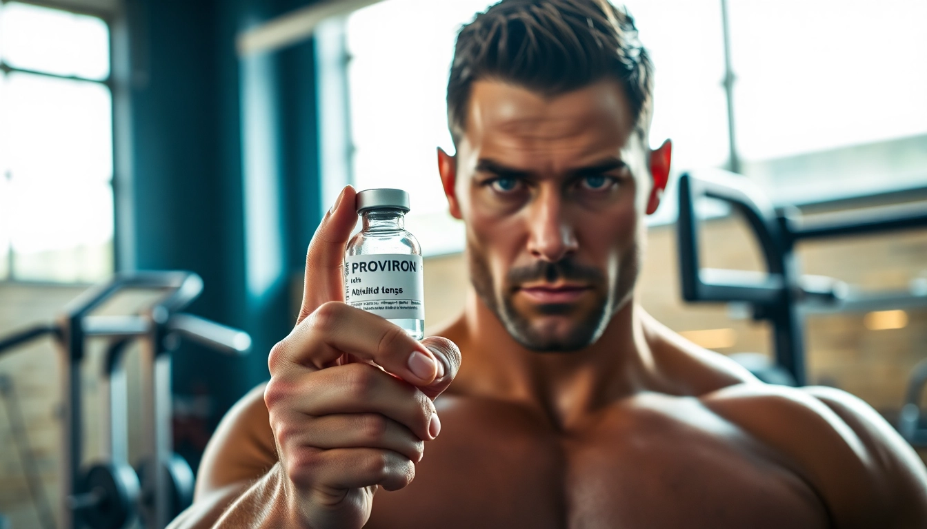Proviron kaufen: Athlet hält eine Proviron-Vial in einem modernen Fitnessstudio.