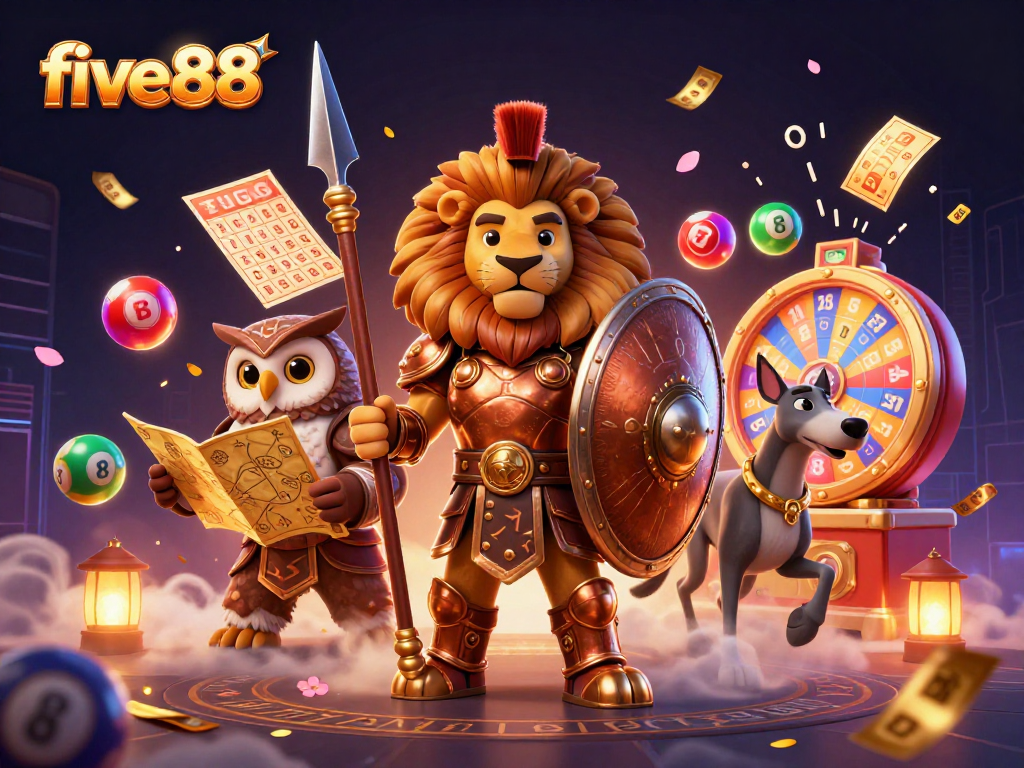 Join the excitement with five88 as the Spartan lion, owl strategist, and greyhound messenger engage in a dynamic lottery scene.