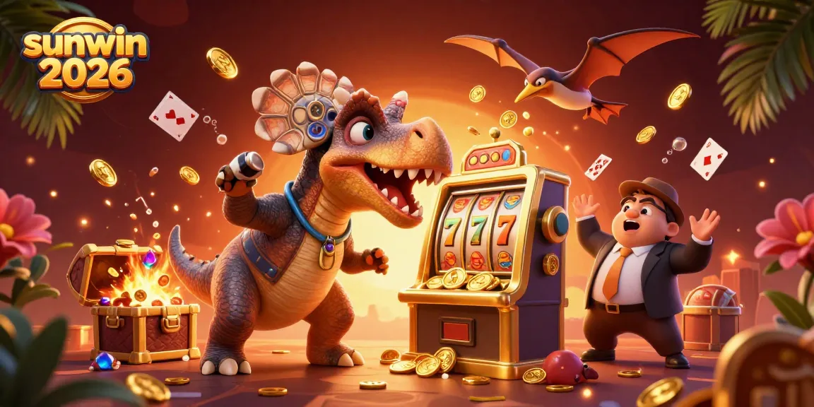 Experience thrilling gameplay with sunwin 2026 as a dinosaur headbutts a winning slot machine.