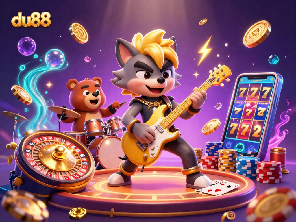 Experience du88 with a vibrant casino illustration showcasing thrilling gaming elements and lively characters.
