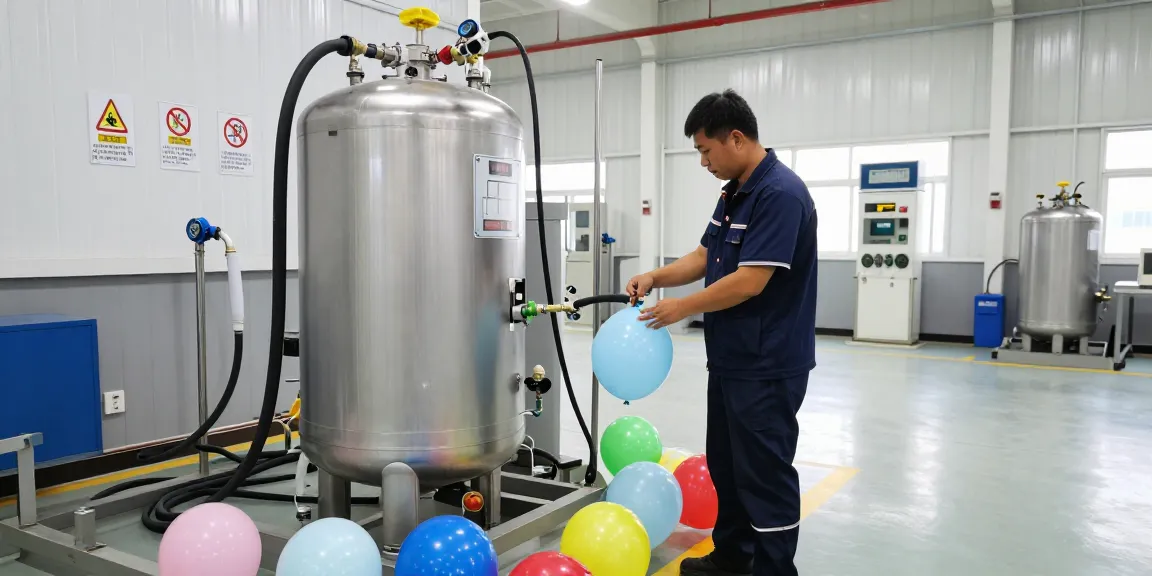 Techniker füllt Heliumgas in bunte Ballons an einer Füllstation, sichere und professionelle Umgebung