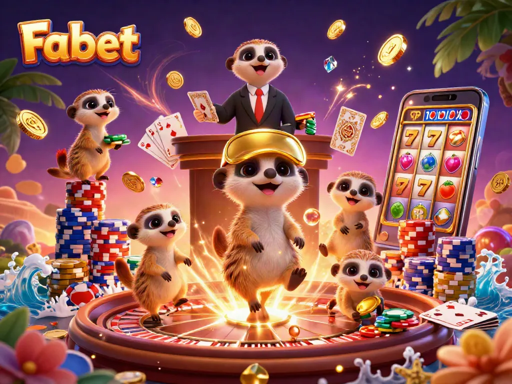 Experience the excitement at Fa bet with meerkats mastering casino operations amid golden coins and colorful chips.