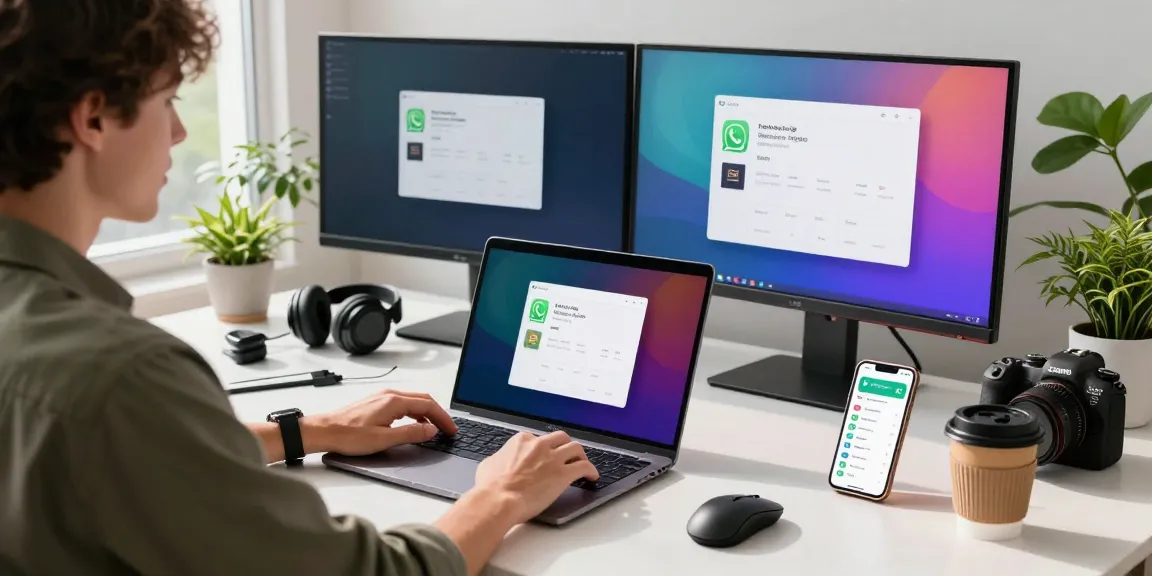 Person downloading FM WhatsApp APK in a modern workspace, showcasing vibrant app features and tech gadgets.