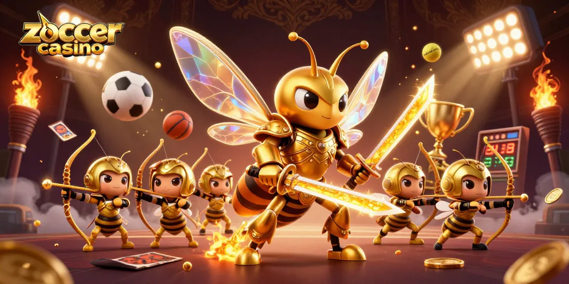 Zoccer casino's vibrant 3D scene showcases a golden hornet wielding honey katanas, surrounded by dynamic sports elements.