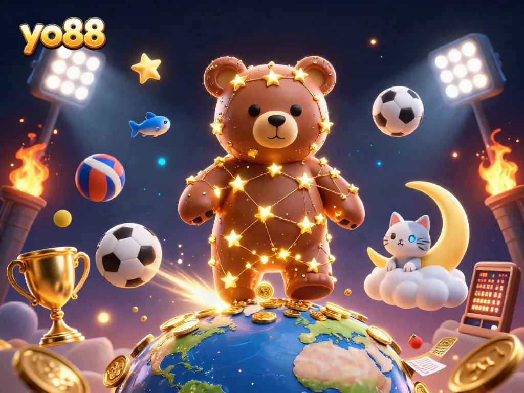 yo88 players scoop up coins in a vibrant 3D casino scene filled with sports elements.