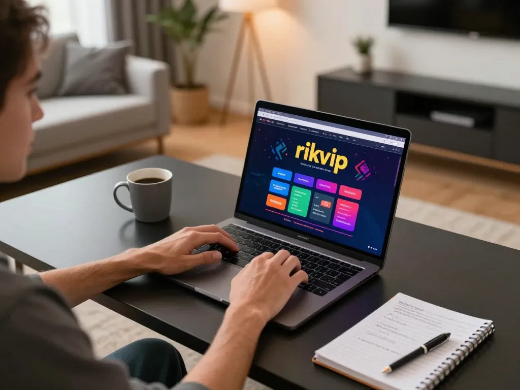 Engaging scene of a player setting up for online gaming on rikvip with laptop and strategies