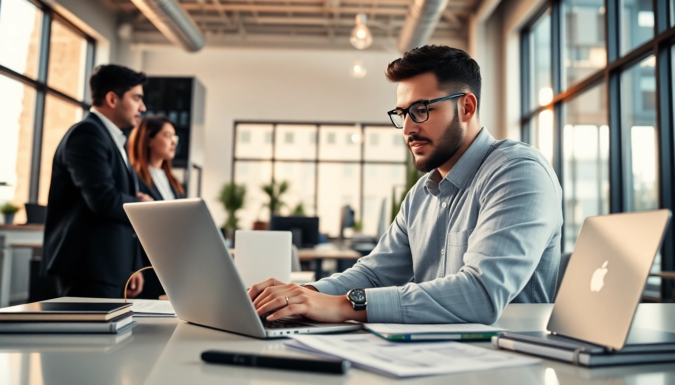IT Dienstleister working in a modern office environment with high-tech devices.