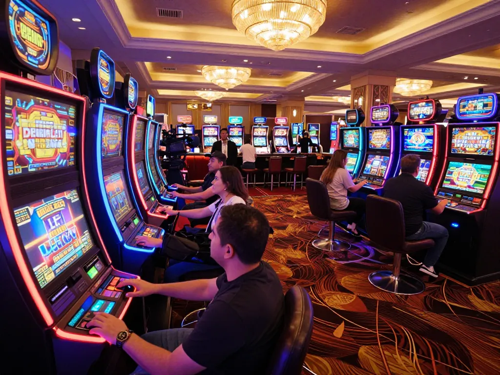 Fesselndes Spiel an Spielautomaten in einem lebhaften Casino, das Immobilienmakler Frankfurt Ginnheim und die dynamische Atmosphäre zeigt.