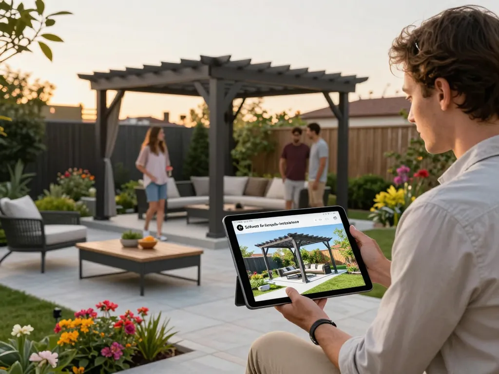 Erleben Sie die Software für Pergola-Installateure mit 3D-gerenderten Designs in einem lebhaften Außenbereich.