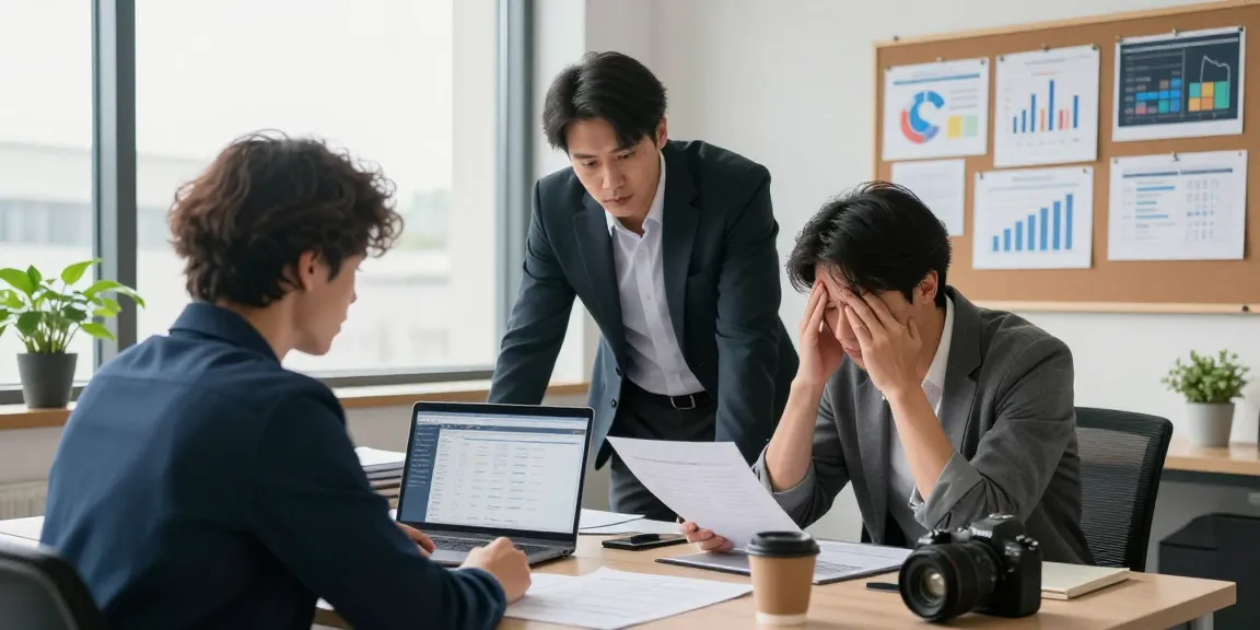 Micromanagement Chef in einem modernen Büro, Mitarbeiter unter Druck am Schreibtisch.