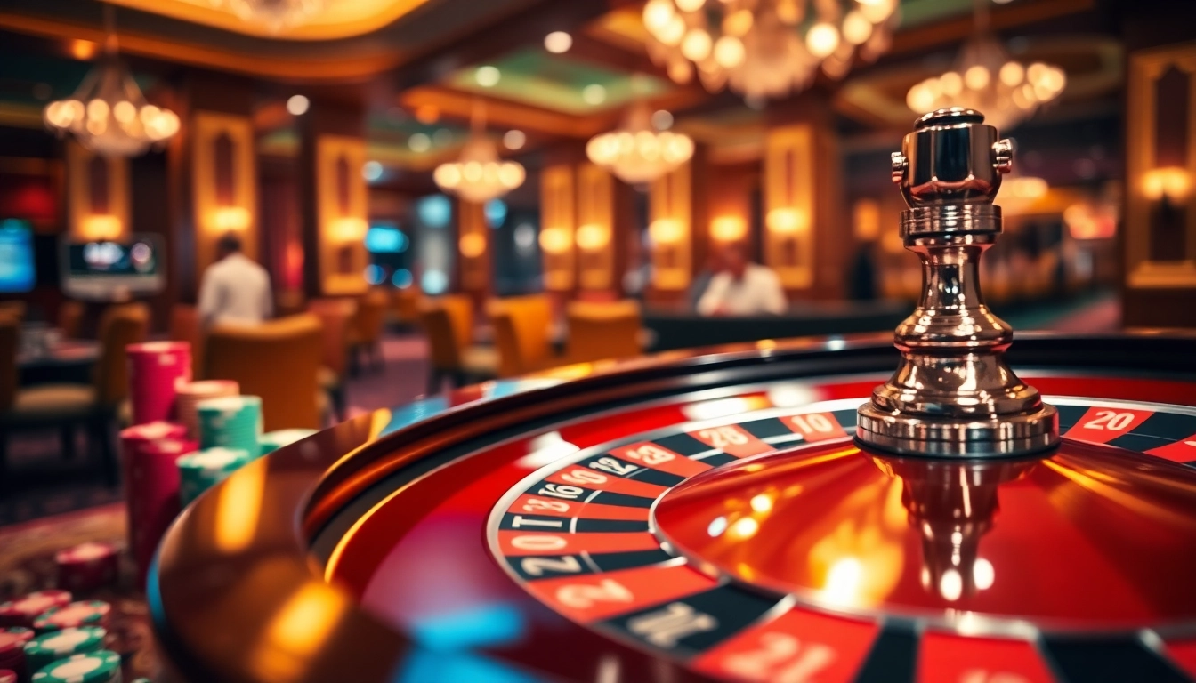 Spiele im casinospielen.de: Farbige Chips vermischt mit einem Roulette-Rad in einem eleganten Casino-Setting.