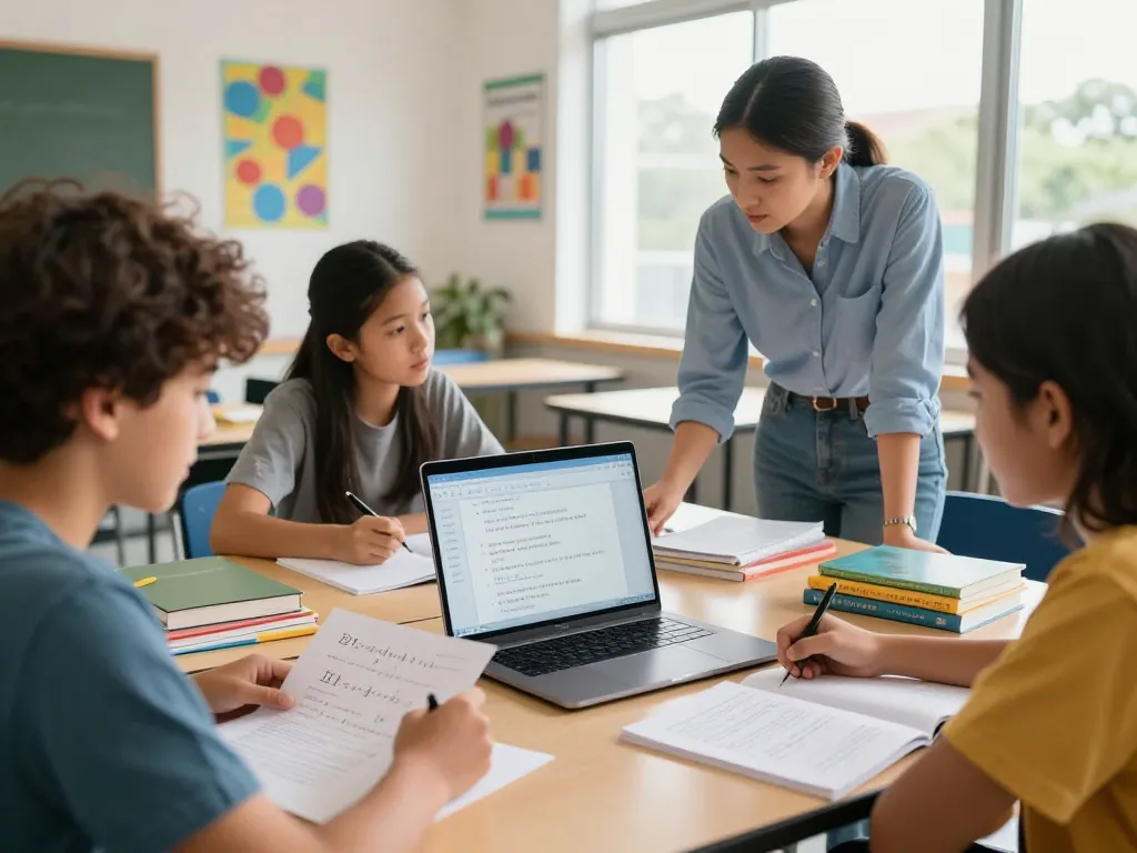 Interaktives Lernen mit Hausaufgaben KI kostenlos Werkzeugen in einem lebhaften Klassenzimmer