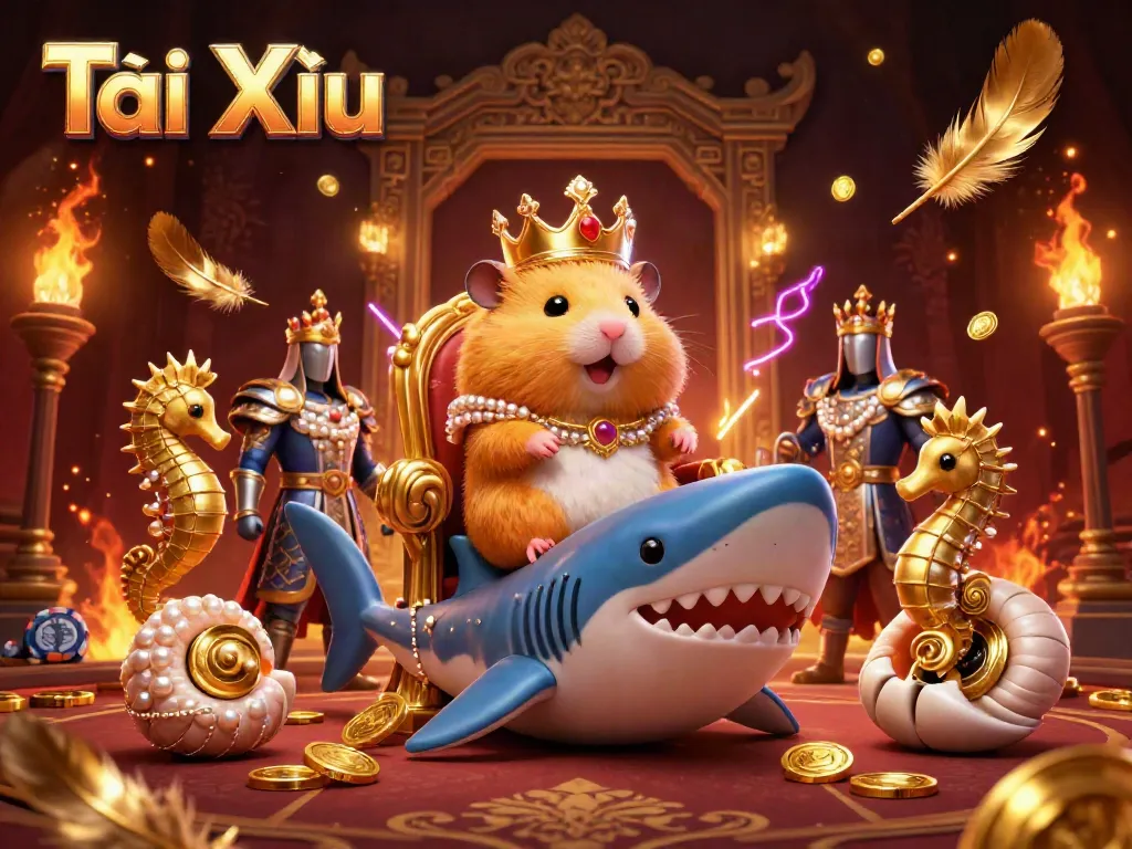 Play Tài Xỉu with a golden hamster king overseeing a vibrant casino scene filled with excitement.