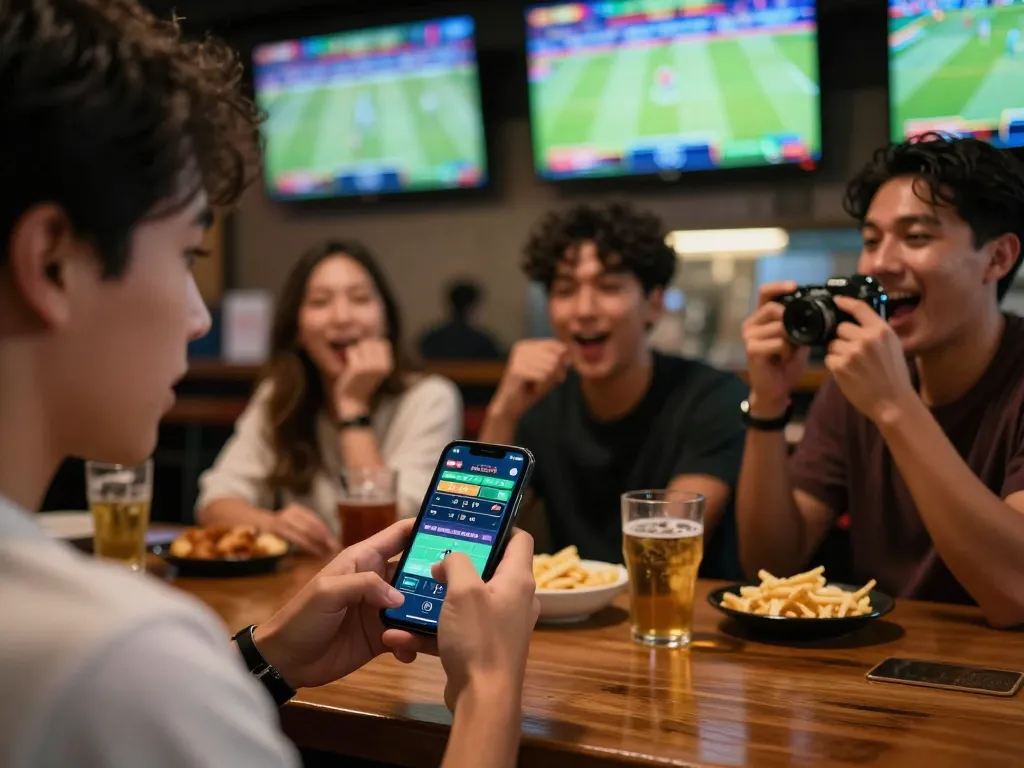Kèo nhà cái hôm nay highlighted as friends engage in thrilling sports betting at a lively bar.