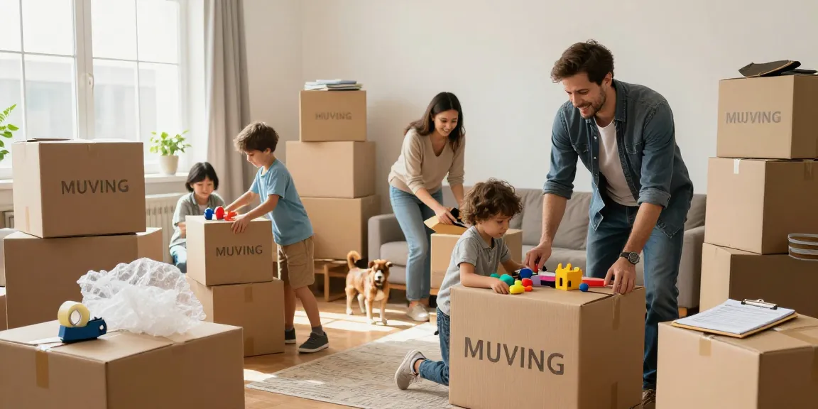 Umzugsunternehmen Bruchsal hilft Familien beim Umzug, mit packenden Kisten und fröhlicher Atmosphäre.
