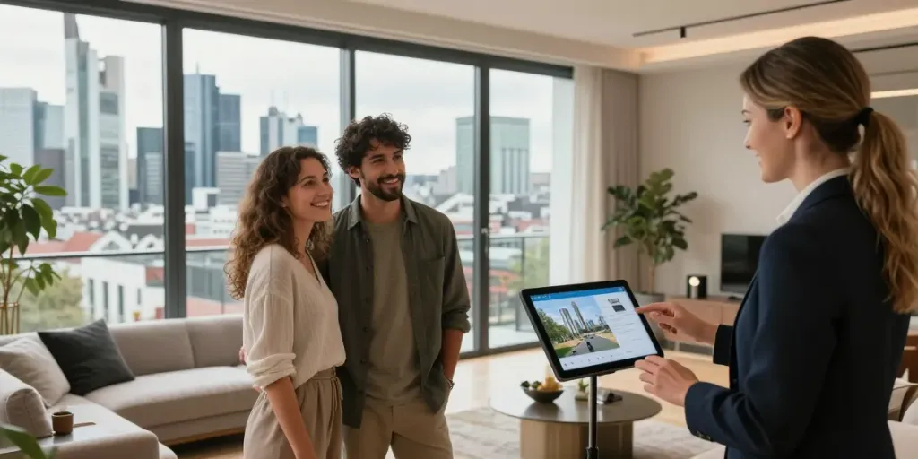 Bester Immobilienmakler Frankfurt führt ein Paar bei der Besichtigung einer modernen Wohnung in Frankfurt